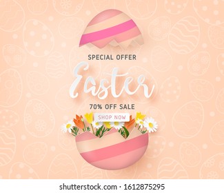 Happy Easter sale banner template with Easter egg and flower on background in paper cut style. Vector illustration. Poster, banner, flyer, backdrop, brochure.