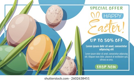 Happy Easter Sale Banner Template - Colorful Eggs in Grass, Spring Holiday Background. Happy Easter Design for Social Media Posts, Advertising, Promo Materials, Seasonal Marketing