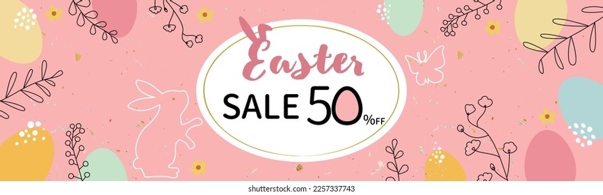 Happy Easter Sale banner. Trendy Easter design with eggs, rabbit, flowers and plants in pastel colors. Modern minimal style. Horizontal poster, greeting card, header for website