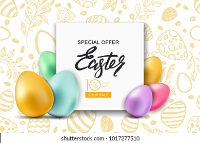 Happy Easter sale banner. Vector holiday frame with multicolor 3d Easter eggs on hand dawn doodle background. Design for holiday flyer, poster, party invitation.