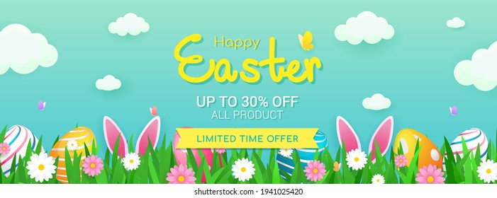 Happy Easter Sale Banner Vector illustration. Rabbit ears and Easter eggs in spring meadow