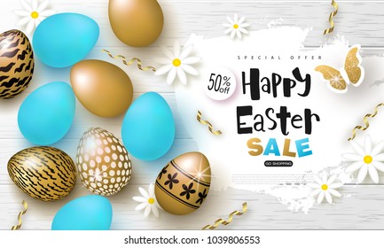 Happy Easter sale banner.Background with beautiful eggs,flowers,butterfly and serpentine on wooden texture. Vector illustration for posters, coupons, promotional material.