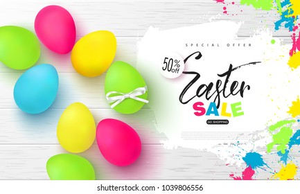Happy Easter sale banner.Background with beautiful colorful eggs and blots on wooden texture. Vector illustration for posters, coupons, promotional material.