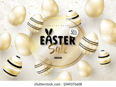Happy Easter sale banner.Background with realistic golden shine decorated eggs. Vector illustration for posters, coupons, promotional material, ad, promotion, banner, poster, voucher.