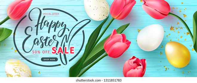 Happy Easter Sale banner.Beautiful Background with Golden and white eggs,Tulips and serpentine. Vector illustration for website , posters,ads, coupons, promotional material