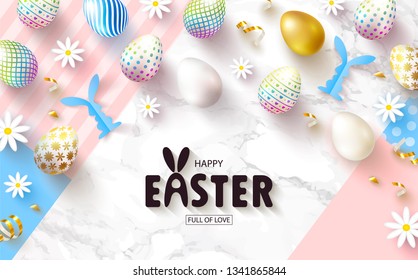 Happy Easter Sale banner.Beautiful Background with colorful eggs, paper bunnies,chamomile and golden serpentine. Vector illustration for website , posters,ads, coupons, promotional material.