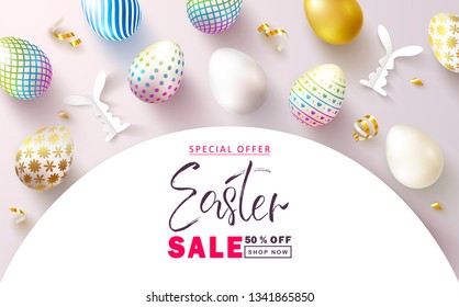 Happy Easter Sale banner.Beautiful Background with colorful eggs, paper bunnies and golden serpentine. Vector illustration for website , posters,ads, coupons, promotional material
