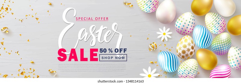 Happy Easter Sale banner.Beautiful Background with colorful eggs, chamomile and golden serpentine. Vector illustration for website , posters,ads, coupons, promotional material.