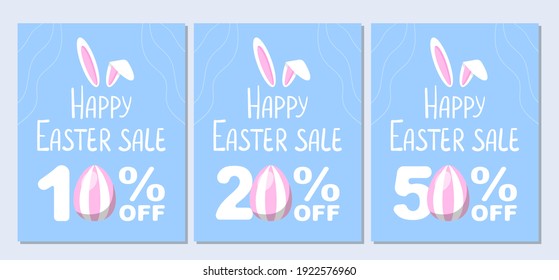Fijación de pancartas de feliz venta de Semana Santa. Huevos con orejas conejitas y patrones diferentes. Fondo azul. Venta 10%, 20% y 50% de descuento