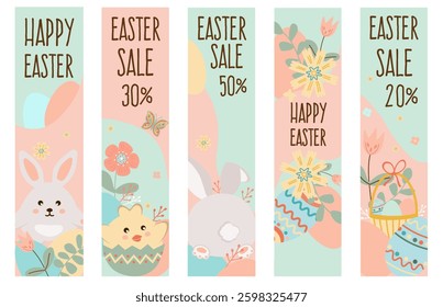 Happy easter sale banners. Spring flowers with the easter eggs and rabbit, chicken on pink and green background. Can be add text.