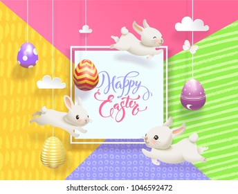 Happy Easter Sale card decorated eggs hanging on strings abstract background, funny little bunnies, square frame and Happy Easter hand lettering. Vector illustration for holiday greeting card
