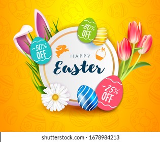 Happy Easter sale card with paper cut egg label shape frame with spring flowers and bunny cartoon ears on yellow seamless background. Vector illustration Easter bunny.