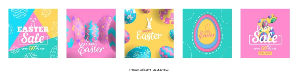 happy easter and easter sale colorful square banners set with eggs and rabbits vector illustration
