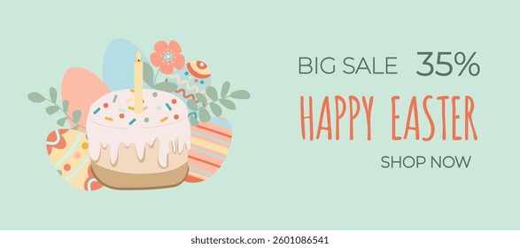 Happy easter sale. A delicious Easter cake with a burning candle, with easter eggs on green background. Can be add text. Design for banner, poster, postcard. EPS10.