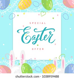 Happy Easter sale design with eggs and bunny. Vector illustration. Happy Easter special offer, calligraphy design. Pastel colors. Template for a poster, cards, banner. Greeting design in flat style.