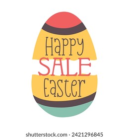 Happy Easter Sale egg design with text. Easter holiday symbol egg hunt in colorful flat style. Retro art decoration. Stock vector icon illustration clipart.