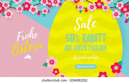 Happy Easter Sale German poster with paper cut Easter egg and cherry flowers or apple tree spring blossom design on bright yellow, blue and pink color paper background. Easter online web shop banner