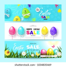Happy Easter Sale Horizontal Banners Set with colorful eggs. Vector Illustration. Season sale. Concept for web banners and promotional materials.