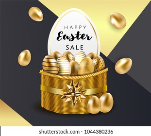 Happy Easter sale luxury premium banner background template with beautiful basket full of decorative gold eggs on black and gold geometric background. Happy Easter greeting card. Vector illustration