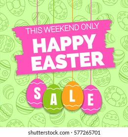 Happy easter sale offer, banner template. Colored ornate eggs with lettering, isolated on green seamless background. Easter eggs sale tags. Spring Shop market poster design. Vector