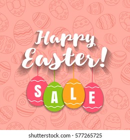 Happy easter sale offer, banner template. Colored ornate eggs with lettering, isolated on pink seamless background. Easter eggs sale tags. Spring Shop market poster design. Vector