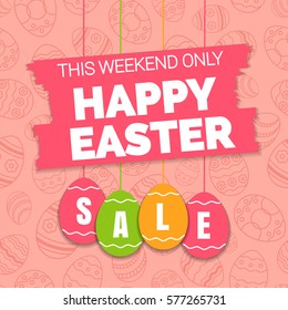 Happy easter sale offer, banner template. Colored ornate eggs with lettering, isolated on pink seamless background. Easter eggs sale tags. Spring Shop market poster design. Vector