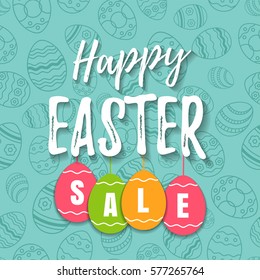 Happy easter sale offer, banner template. Colored ornate eggs with lettering, isolated on blue seamless background. Easter eggs sale tags. Spring Shop market poster design. Vector