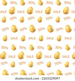 Happy Easter sale patern with realistic golden eggs. For postcard, card, invitation, poster, banner template lettering typography. Vector illustration.