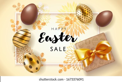 Happy Easter sale poster background with realistic golden and chocolate decorated eggs and flower pattern with gift box. Greeting card trendy design. Invitation template Vector illustration 