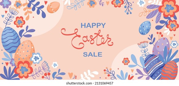 Happy Easter sale poster background with decorated eggs and flower pattern. Greeting card trendy design. Invitation template Vector illustration