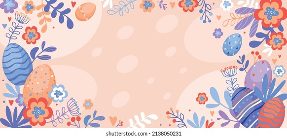 Happy Easter sale poster background with decorated eggs and flower pattern. Greeting card trendy design. Invitation template Vector illustration