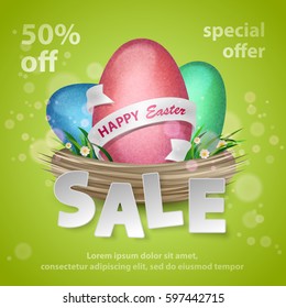 Happy Easter Sale poster with blue, red, green eggs with white ribbons in nest with grass and flowers and lettering special offer. Vector illustration. Elements for banner, cards, holiday, party.