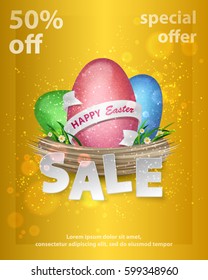 Happy Easter Sale poster with blue, red, green eggs with white ribbons in nest with grass and flowers and lettering special offer. Vector illustration. Elements for banner, cards, holiday, party.