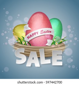 Happy Easter Sale poster with gold, red, green eggs with white ribbons in nest with grass and flowers on blue background. Vector illustration. Elements for banner, cards, holiday, party.