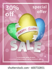 Happy Easter Sale poster with gold, green , blue eggs with silver ribbon in white frame on pink spiral background. Vector illustration. Special offer. Elements for banner, cards, holiday, party.