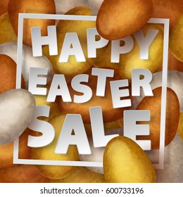 Happy Easter Sale poster with gold, silver, bronze eggs with white paper frame and lettering. Vector illustration. Elements for banner, cards, holiday, party.