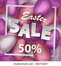 Happy Easter Sale poster with pink, silver, purple eggs with white paper frame and lettering. Vector illustration. Elements for banner, cards, holiday, party.
