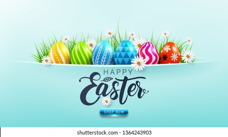 Happy Easter sale poster and template with Easter Eggs and flower on blue.Greetings and presents for Easter Day.Promotion and shopping template for Easter Day.Vector illustration EPS10