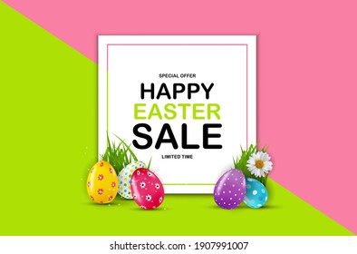 Happy Easter sale poster template with 3d realistic Easter eggs.  Template for advertising, poster, flyer, greeting card.  Vector Illustration