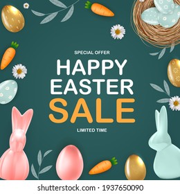Happy Easter sale poster template with 3d realistic Easter eggs, bunny, carrot, daisy flower.  Template for advertising, poster, flyer, greeting card.  Vector Illustration EPS10