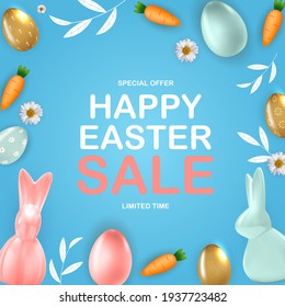 Happy Easter sale poster template with 3d realistic Easter eggs, bunny, carrot.  Template for advertising, poster, flyer, greeting card.  Vector Illustration EPS10