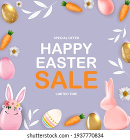Happy Easter sale poster template with 3d realistic Easter eggs, bunny, carrot, flower and leaves.  Template for advertising, easter flyer, greeting card.  Vector Illustration EPS10