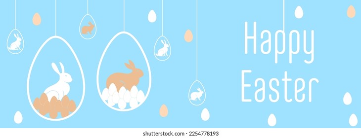 Happy Easter sale poster and template with Easter Eggs and flower on blue.Greetings and presents for Easter Day.Promotion and shopping template for Easter Day.Vector illustration