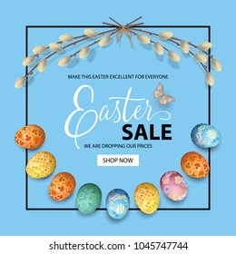 Happy Easter sale promo poster. Holiday background with painted eggs, pussy willow branches and butterfly. Vector top view illustration