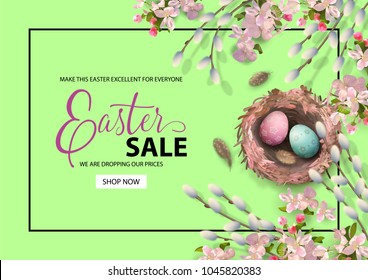 Happy Easter sale promo poster. Holiday background with the nest, eggs, pussy willow branches, Apple blossoms, feathers. Vector top view illustration