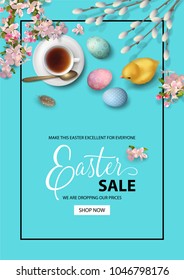 Happy Easter sale promo poster. Holiday background with a cup of tea, chicken, eggs, pussy willow branches, Apple blossoms, feathers. Vector top view illustration