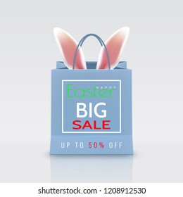 Happy Easter Sale. Realistic Paper shopping bag with handles isolated on white background. Vector illustration.
