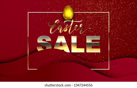 Happy Easter sale red and golden vector template. Happy Easter big hunt or sale banner lettering paper cut design. 