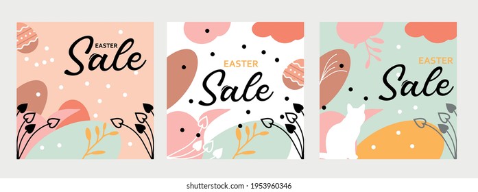Happy Easter Sale Set Banners, greeting cards, posters, holiday covers. Trendy design with typography, hand-painted plants, dots, eggs and cats, in pastel colors. Minimalist modern art style.