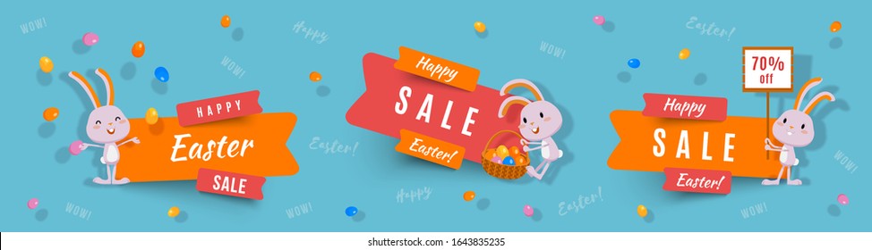 Feliz venta de Pascua con banderas cortadas de papel con lindos conejitos y huevos de Pascua. Clipart vectorial aislado con conejos divertidos para el diseño festivo y la publicidad